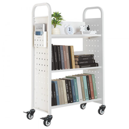 3-Tier Rolling Book Cart Single Sided V-Shaped Shelves Book Truck in White