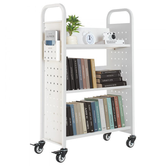3-Tier Rolling Book Cart Single Sided V-Shaped Shelves Book Truck in White