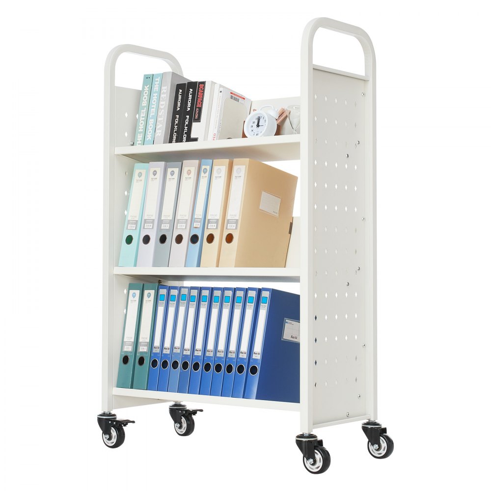 3-Tier Rolling Book Cart Single Sided V-Shaped Shelves Book Truck in White