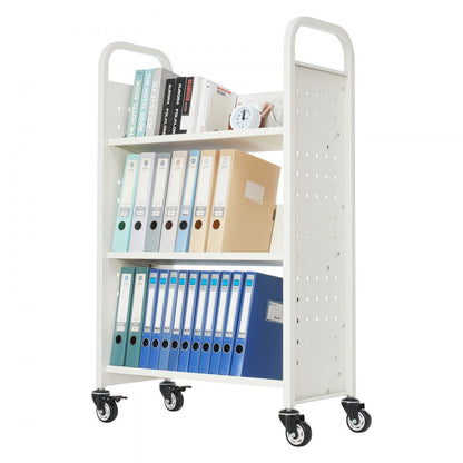3-Tier Rolling Book Cart Single Sided V-Shaped Shelves Book Truck in White