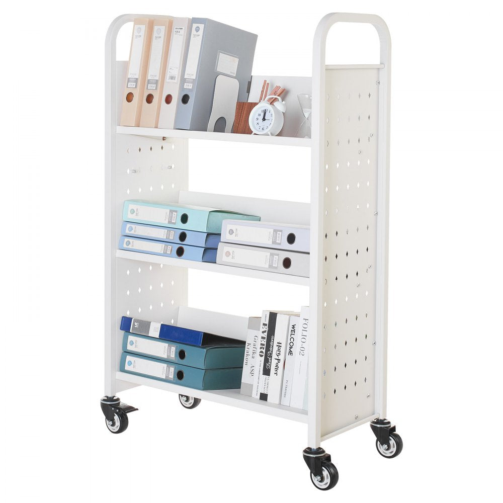 3-Tier Rolling Book Cart Single Sided V-Shaped Shelves Book Truck in White