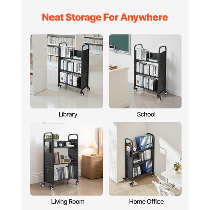3-Tier Rolling Book Cart Single Sided V-Shaped Shelves Book Truck in Black