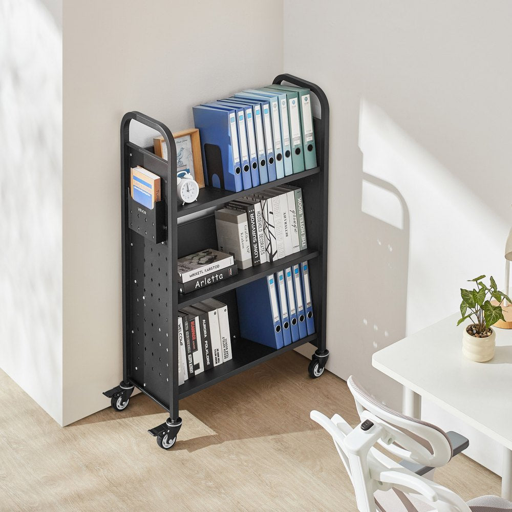 3-Tier Rolling Book Cart Single Sided V-Shaped Shelves Book Truck in Black