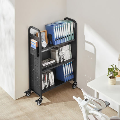 3-Tier Rolling Book Cart Single Sided V-Shaped Shelves Book Truck in Black