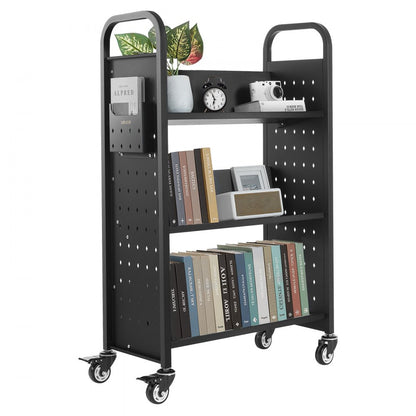 3-Tier Rolling Book Cart Single Sided V-Shaped Shelves Book Truck in Black