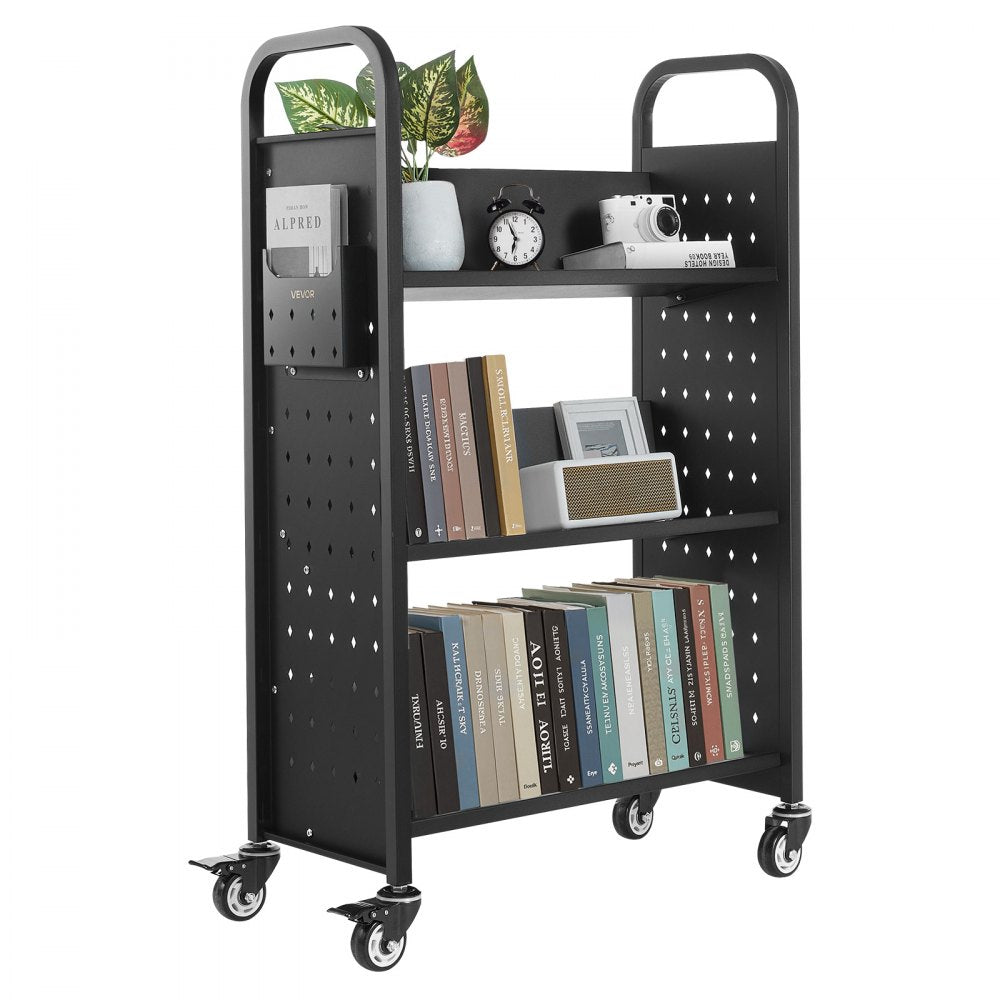 3-Tier Rolling Book Cart Single Sided V-Shaped Shelves Book Truck in Black