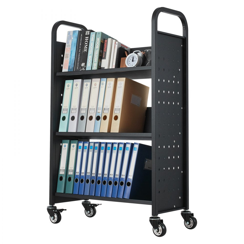 3-Tier Rolling Book Cart Single Sided V-Shaped Shelves Book Truck in Black