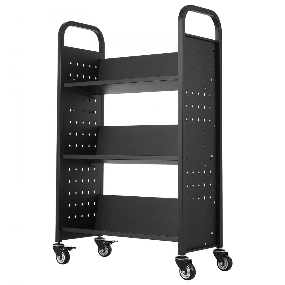 3-Tier Rolling Book Cart Single Sided V-Shaped Shelves Book Truck in Black