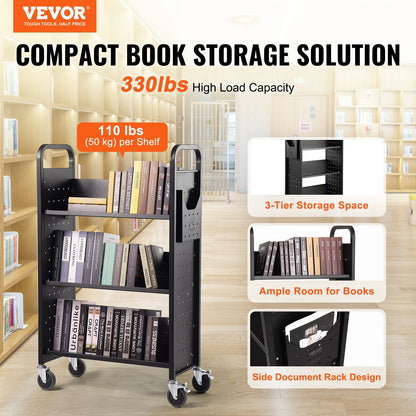 Durable Rolling Book Cart with V-Shaped Shelves, 150 kg Capacity, Black