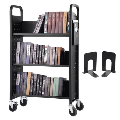 Durable Rolling Book Cart with V-Shaped Shelves, 150 kg Capacity, Black