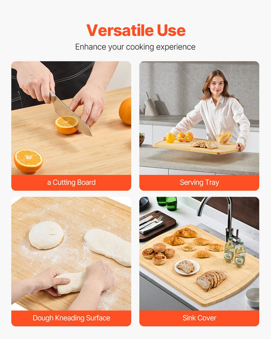 Noodle Board Stove Cover, Stove Top Cover Board for Gas Burner & Electric Stove, Bamboo Wood Cutting Board with Juice Grooves, RV Stovetop/ Kitchen Sink Cover for Counter Space & Tray, Natural
