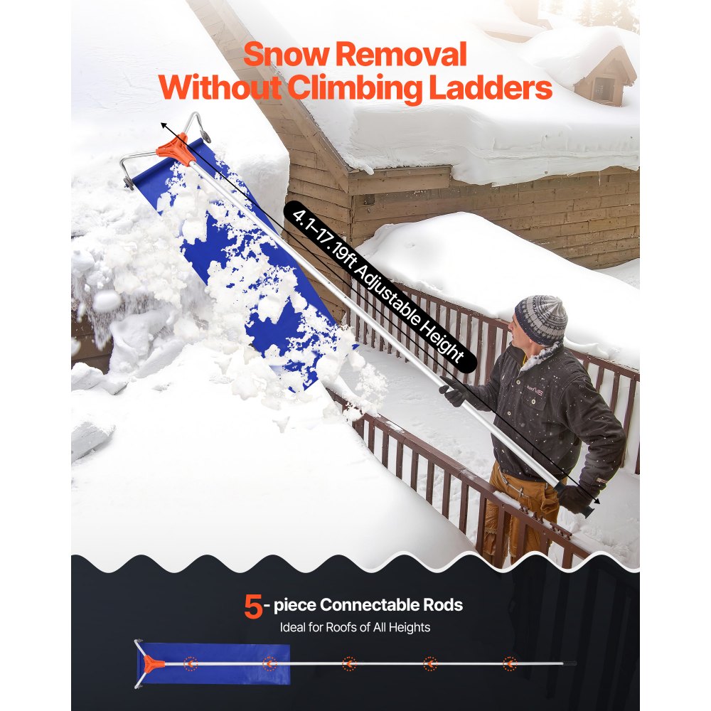  Snow Roof Rake, 27cm Aluminum Blade, 1.25-5.24 m Adjustable Roof Snow Scraper with Wheels & Slide, Lightweight Snows Removal Tool for House Rooftop Leaves Debris Clearing