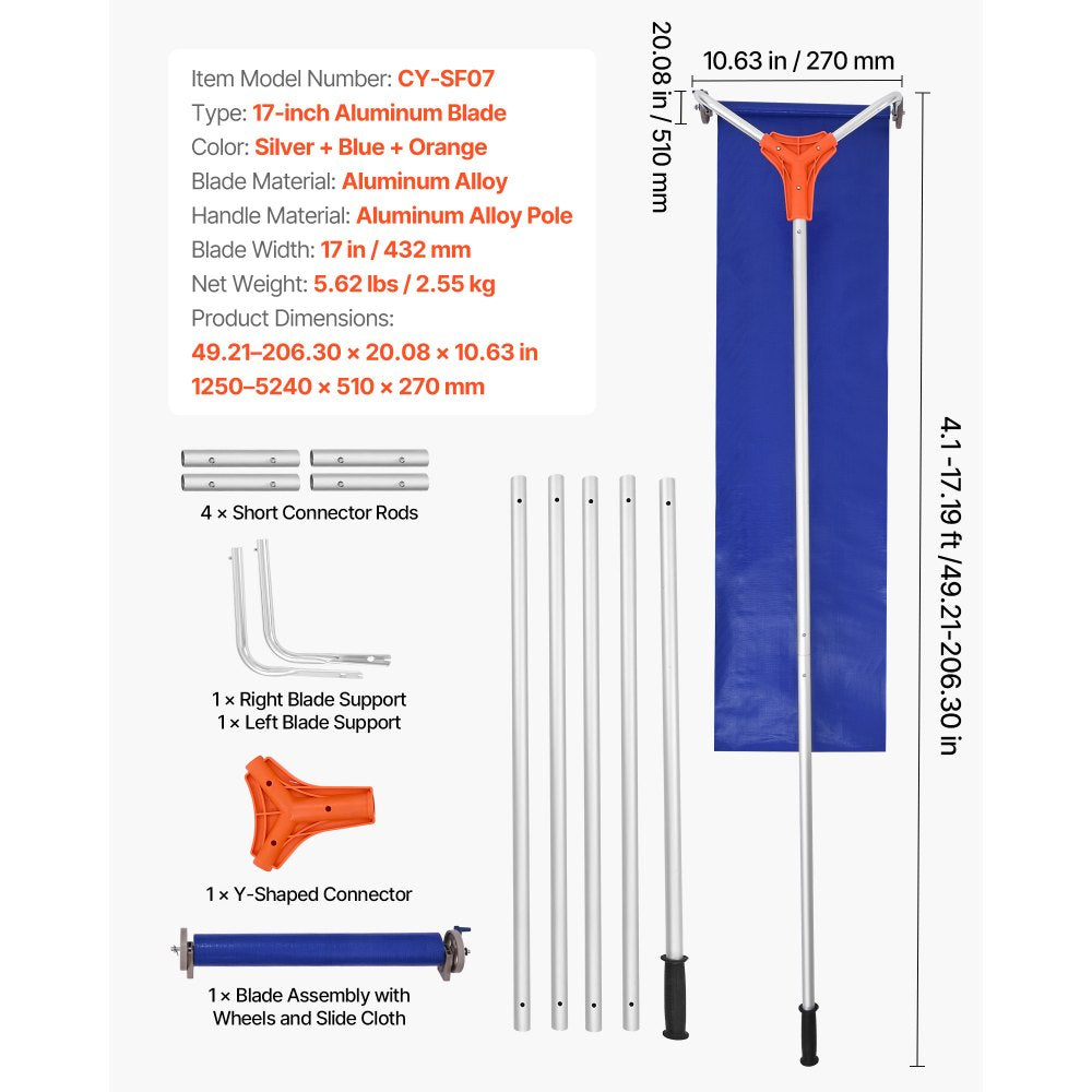  Snow Roof Rake, 27cm Aluminum Blade, 1.25-5.24 m Adjustable Roof Snow Scraper with Wheels & Slide, Lightweight Snows Removal Tool for House Rooftop Leaves Debris Clearing