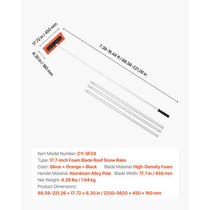  Snow Roof Rake, 45cm Foam Blade, 2.25-5.62 m Adjustable Roof Snow Scraper, Extension Tubes & Non-Slip Handle, Lightweight Snows Removal Tool for House Leaves Debris Clearing