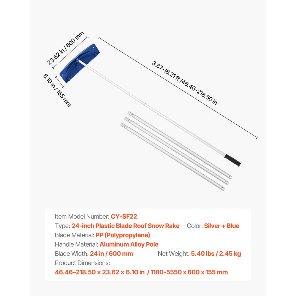  Snow Roof Rake, 60cm PP Plastic Blade, 1.18-5.55 m Adjustable Roof Snow Scraper with Wheels, Anti-Slip Handle Snows Removal Tool, Lightweight House Rooftop Rake for Leaves Debris Removal