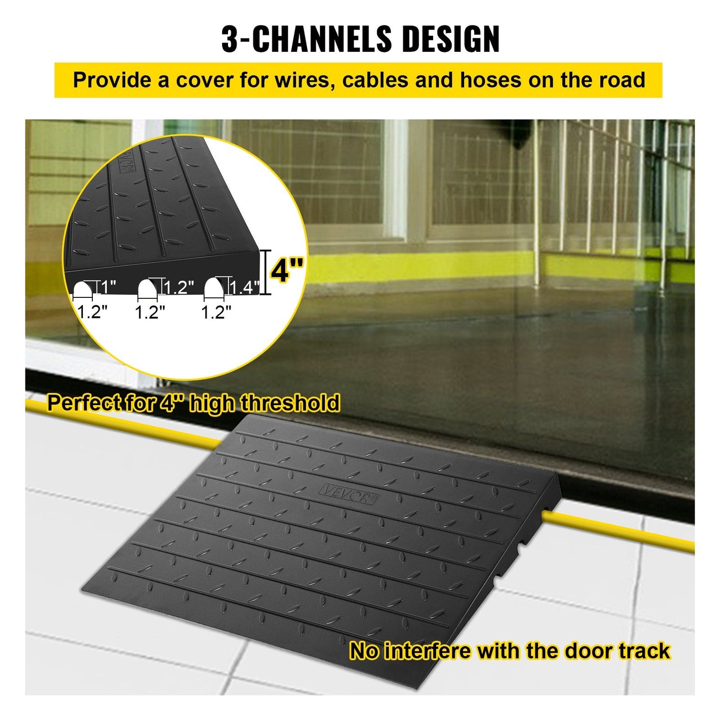 Rubber Threshold Ramp with 3 Channels, 4" Rise, 1000 kg Load Capacity