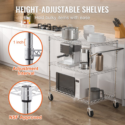 VEVOR Kitchen Utility Cart, 3 Tiers, Wire Rolling Cart with 300kg Capacity, Steel