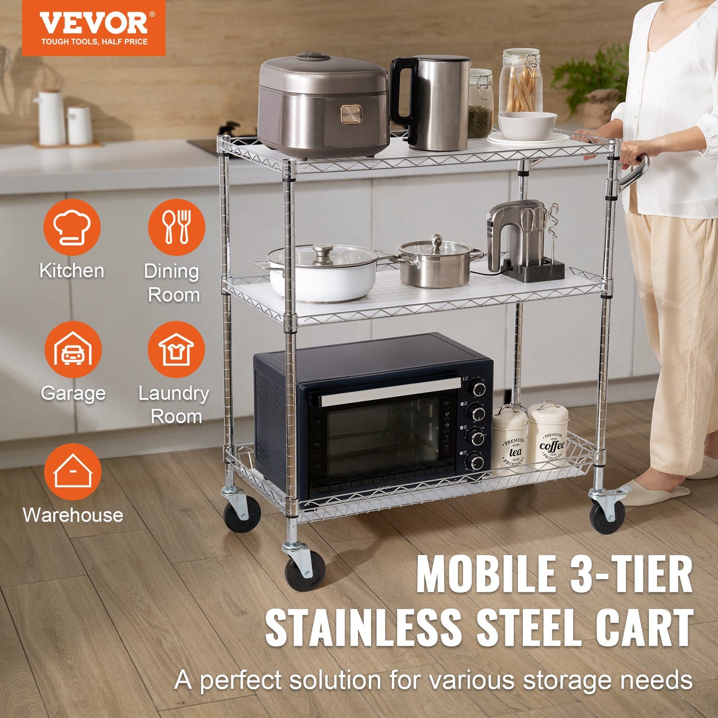 VEVOR Kitchen Utility Cart, 3 Tiers, Wire Rolling Cart, Steel Service Cart on Wheels,