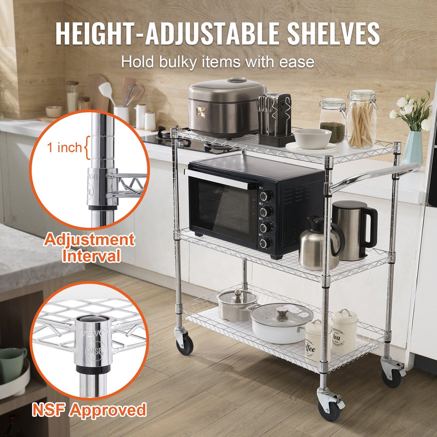 VEVOR Kitchen Utility Cart, 3 Tiers, Wire Rolling Cart, Steel Service Cart on Wheels,