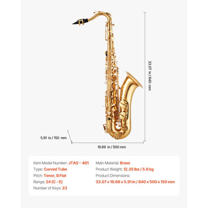 VEVOR Gold Brass Tenor Saxophone B Flat Sax Beginner Kit with Case Mouthpiece
