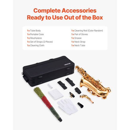Alto Saxophone, E Flat, Brass Saxophone Beginner Kit with Carrying Case, Mouthpiece, Straps, Cleaning Cloth Rod, Gloves, Grease, Neck Strap, 23 Keys Alto Sax Kit, for Beginners Students, Gold
