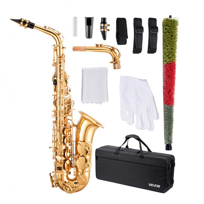 Alto Saxophone, E Flat, Brass Saxophone Beginner Kit with Carrying Case, Mouthpiece, Straps, Cleaning Cloth Rod, Gloves, Grease, Neck Strap, 23 Keys Alto Sax Kit, for Beginners Students, Gold