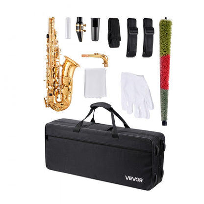 Alto Saxophone, E Flat, Brass Saxophone Beginner Kit with Carrying Case, Mouthpiece, Straps, Cleaning Cloth Rod, Gloves, Grease, Neck Strap, 23 Keys Alto Sax Kit, for Beginners Students, Gold