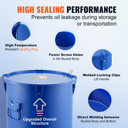 30L Oil Disposal Caddy, Carbon Steel with Filter Bag and Locking Lid, Blue