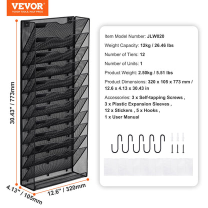 VEVOR File Wall Rack Mesh Wall File Holder 1-Piece 12 Pockets for Office/School