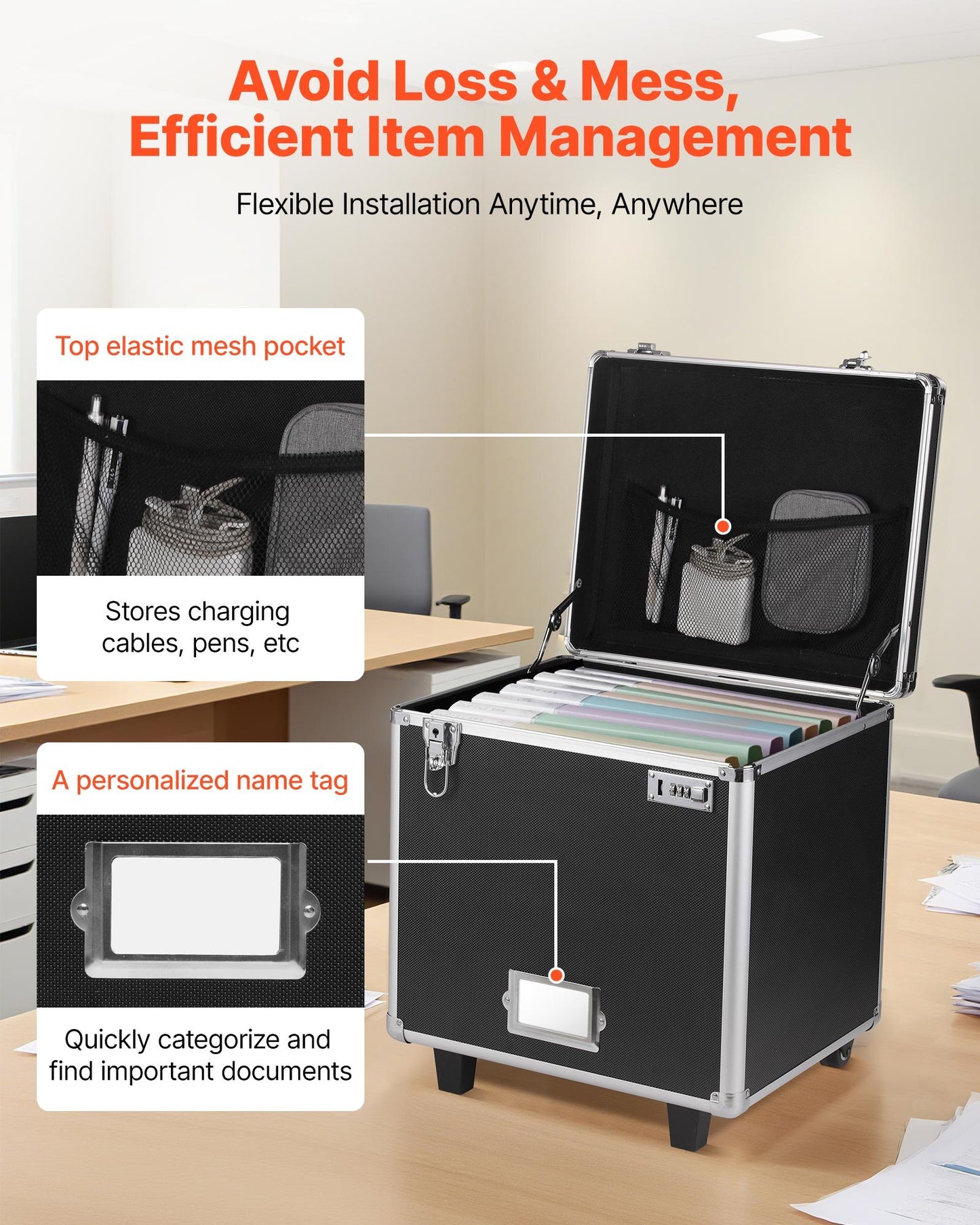 Portable File Storage Box, 395 x 320 x 380 mm Internal Chest Size, Locking Mobile Business Case with Telescopic Handle, Hand pull File Case for Office Home, Offices, Hospitals, Banks