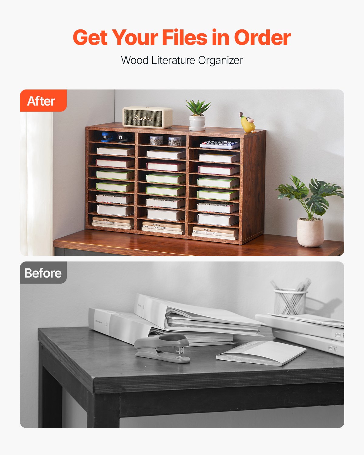 VEVOR Wooden Literature Organizer 24 Compartments Removable Shelves Dark Brown