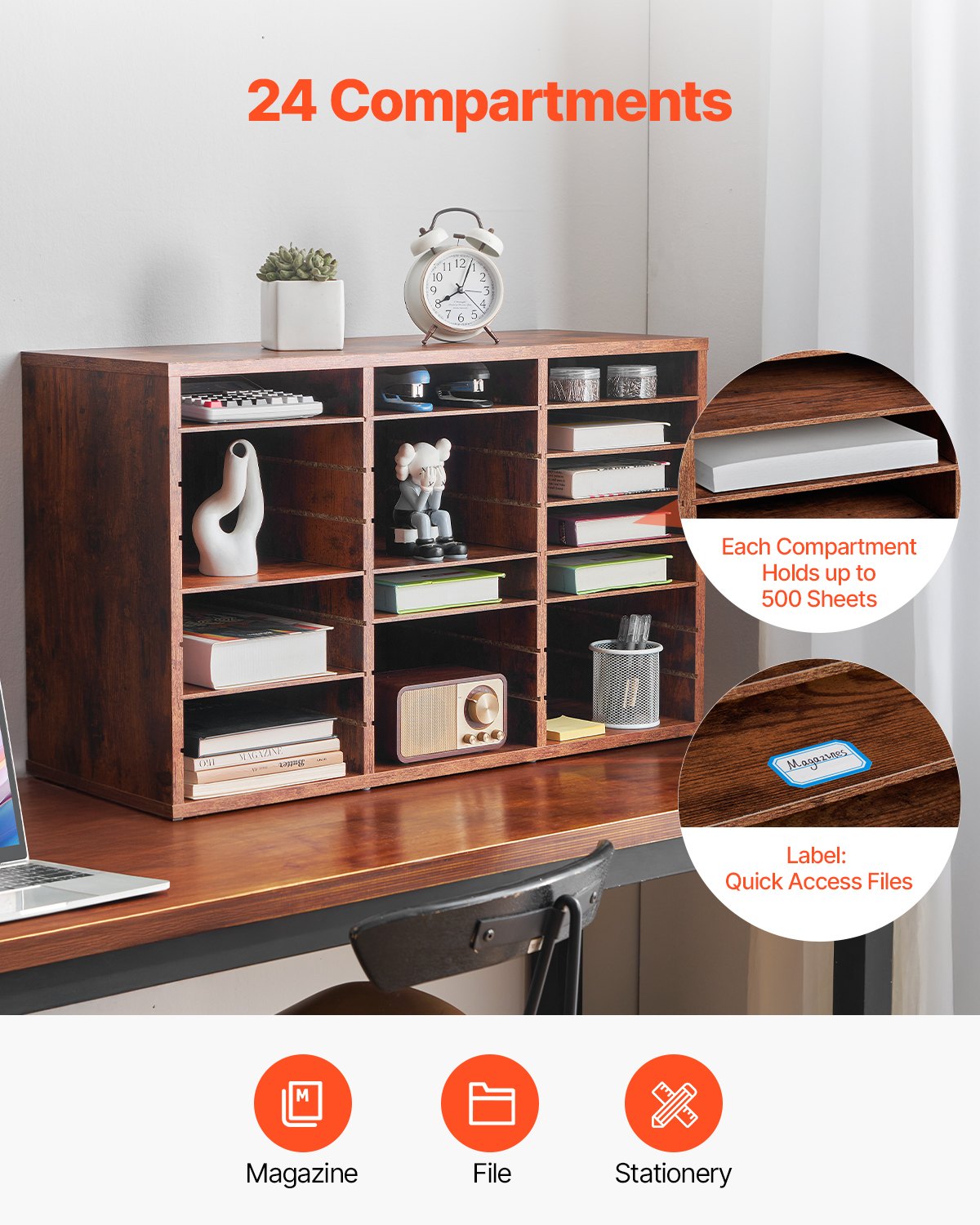 VEVOR Wooden Literature Organizer 24 Compartments Removable Shelves Dark Brown