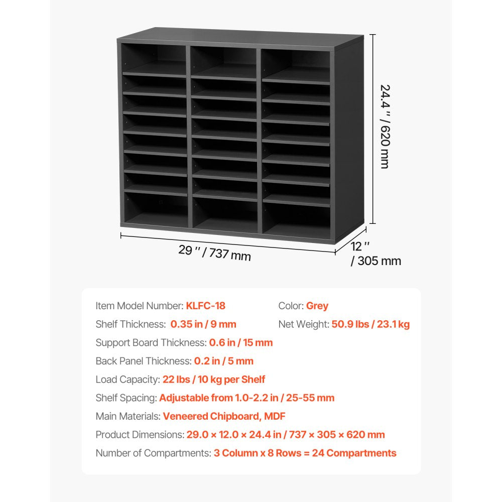 VEVOR Wooden Literature Organizer 24 Compartments with Adjustable Shelves Grey
