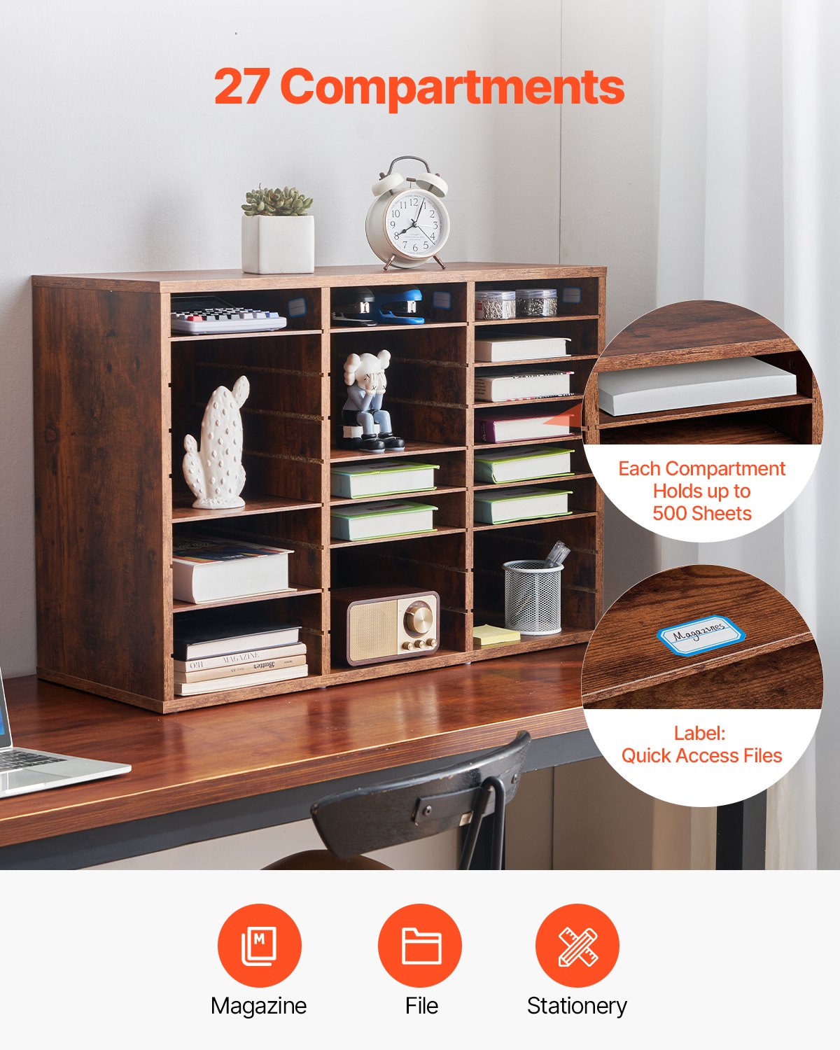 VEVOR Wooden Literature Organizer 27 Compartments Removable Shelves Dark Brown