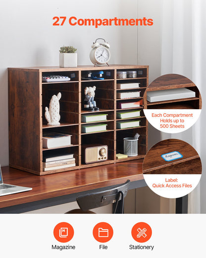 VEVOR Wooden Literature Organizer 27 Compartments Removable Shelves Dark Brown