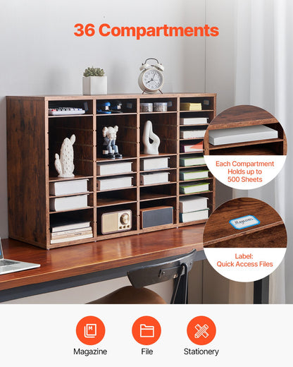 VEVOR Wood Literature Organizer 36 Compartments Removable Shelves Dark Brown