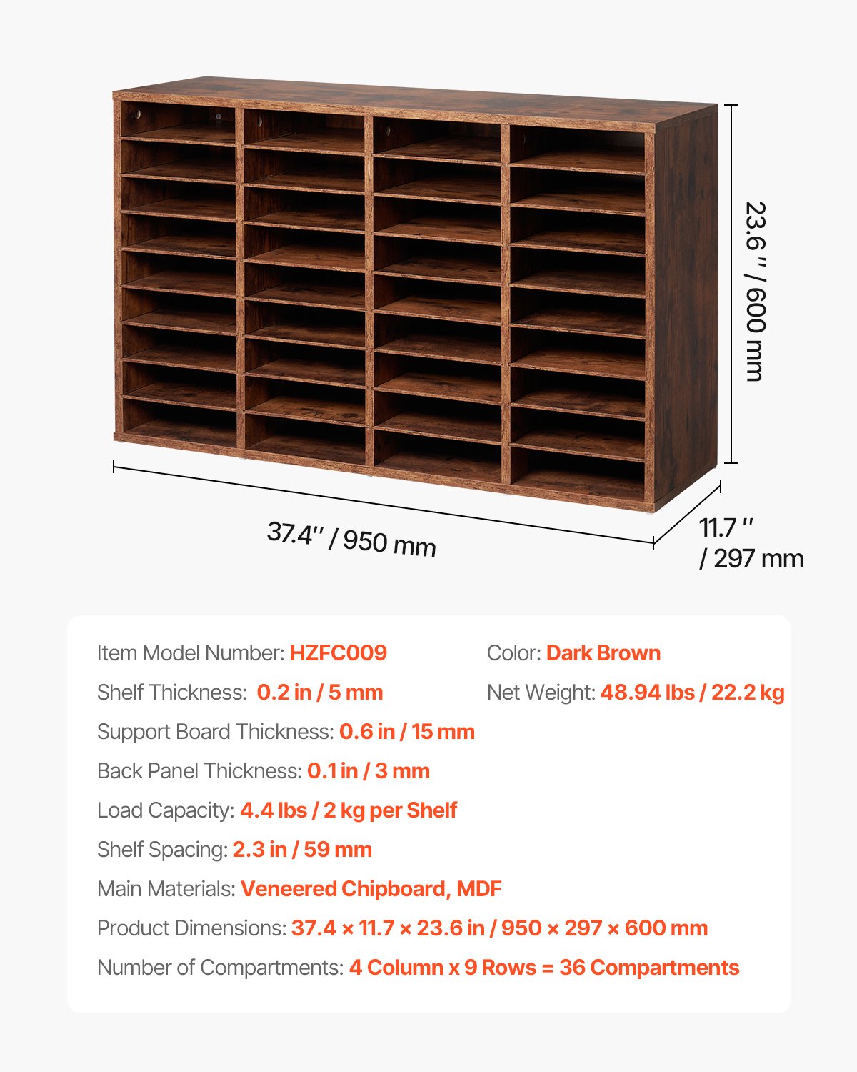 VEVOR Wood Literature Organizer 36 Compartments Removable Shelves Dark Brown
