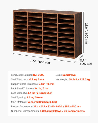 VEVOR Wood Literature Organizer 36 Compartments Removable Shelves Dark Brown