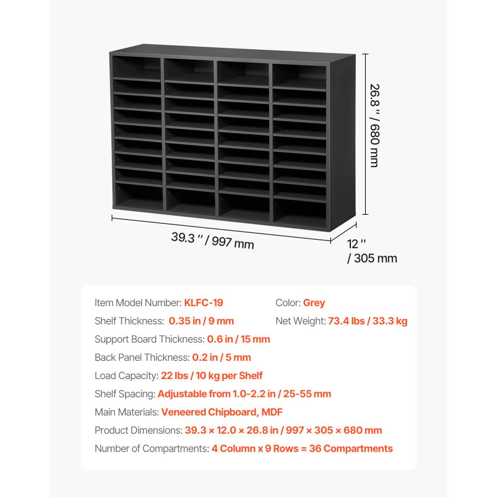 VEVOR Wooden Literature Organizer 36 Compartments with Adjustable Shelves Grey
