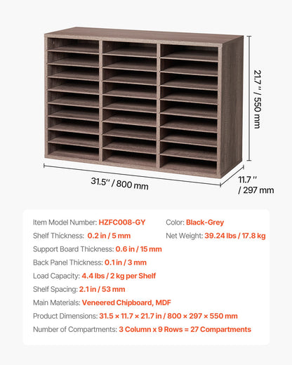 VEVOR Wooden Literature Organizer 27 Compartments Removable Shelves Black-Grey