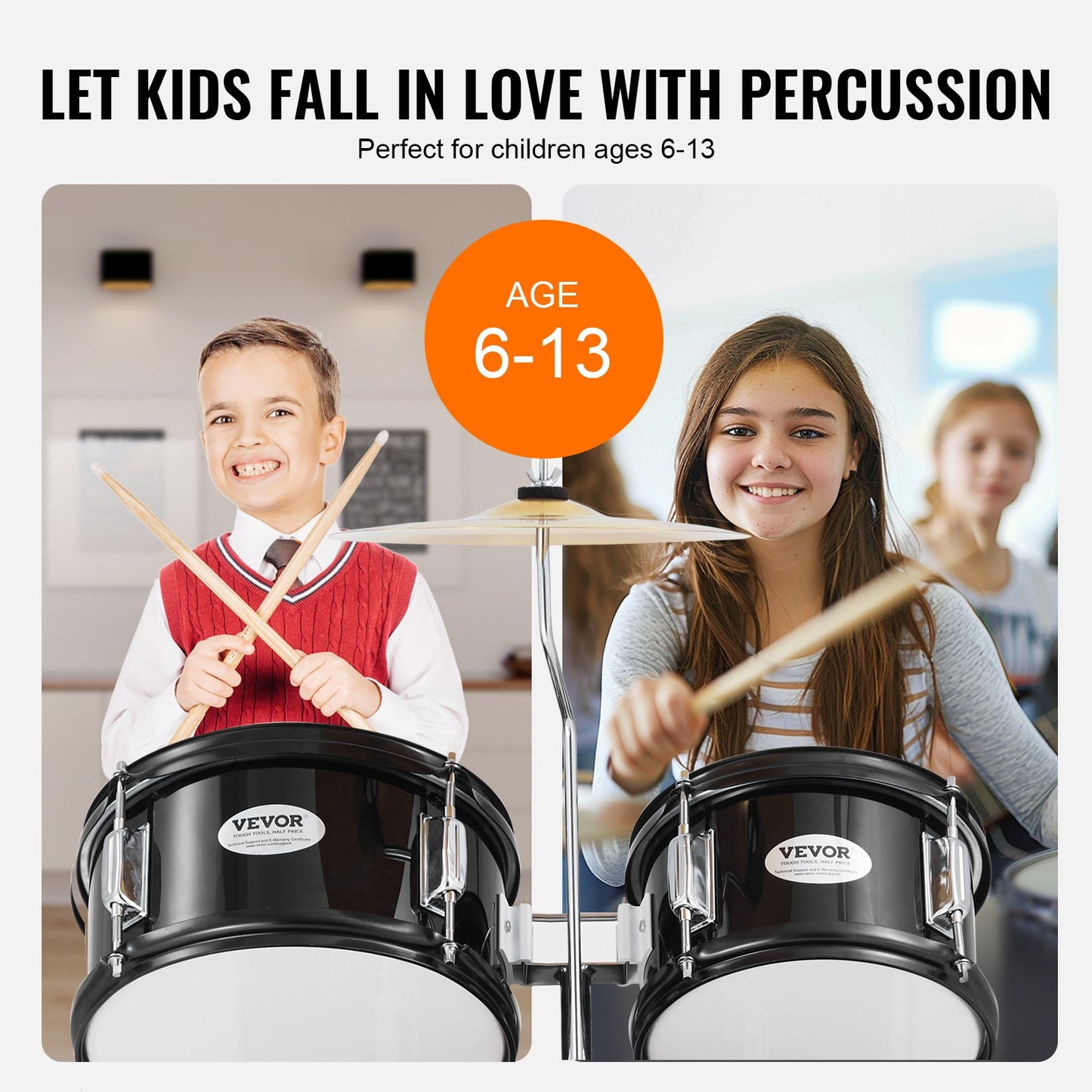 VEVOR Kids Drum Set, 5-Piece, 406.4 mm Beginner Full Drum Set with Bass Toms Snare