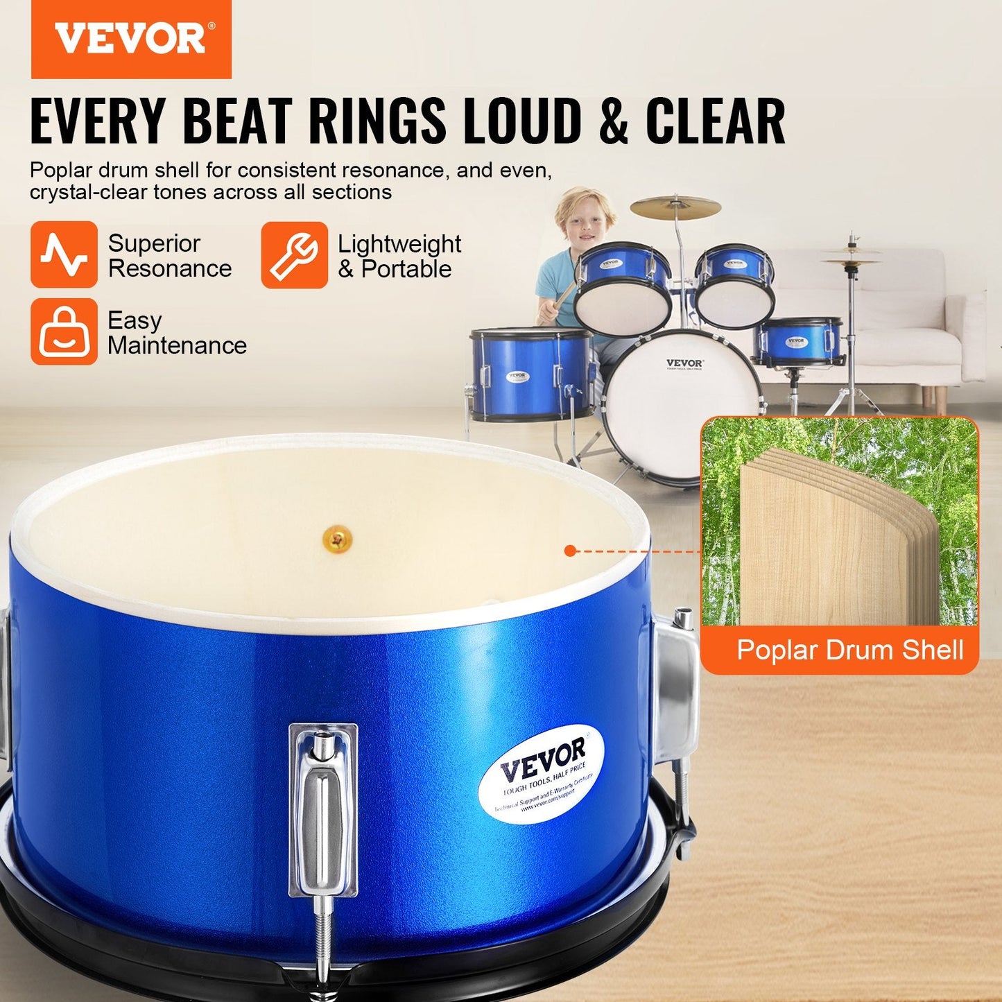 5-Piece Kids Drum Kit with Adjustable Throne and Cymbals - Blue