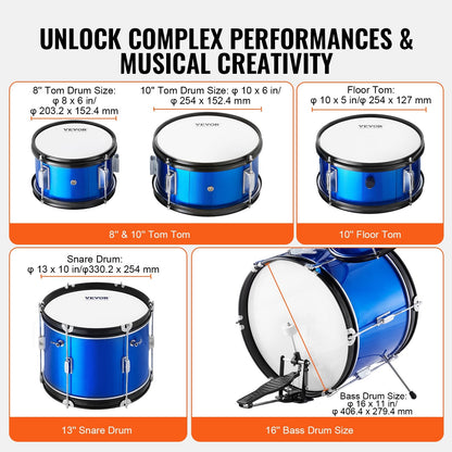 5-Piece Kids Drum Kit with Adjustable Throne and Cymbals - Blue