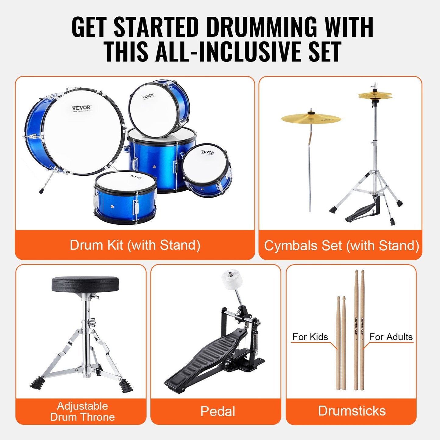 5-Piece Kids Drum Kit with Adjustable Throne and Cymbals - Blue