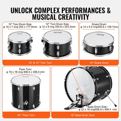 5-Piece Adult Drum Kit with Bass Toms, Snare, Cymbals & Adjustable Throne