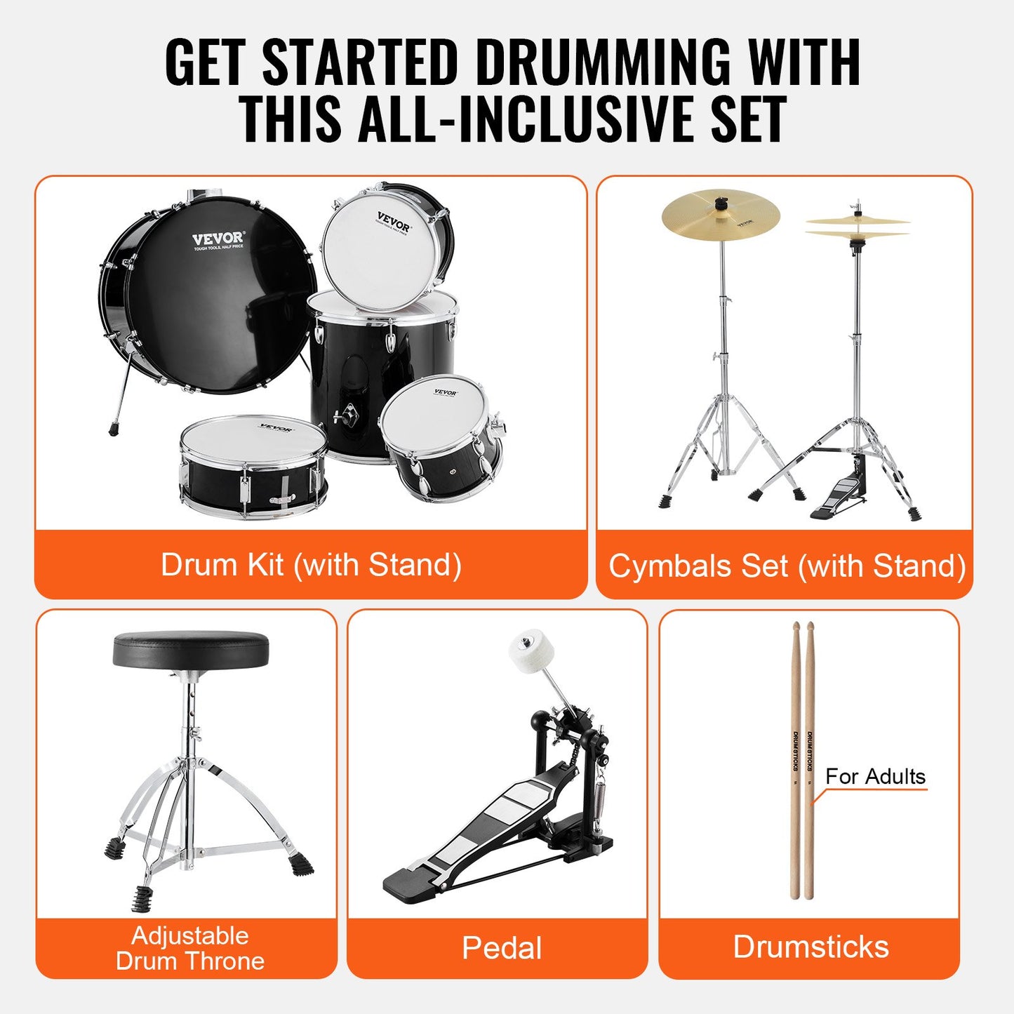 VEVOR Adult Drum Set, 5-Piece, 558.8 mm Complete Full Size Drum Kit with Bass Toms