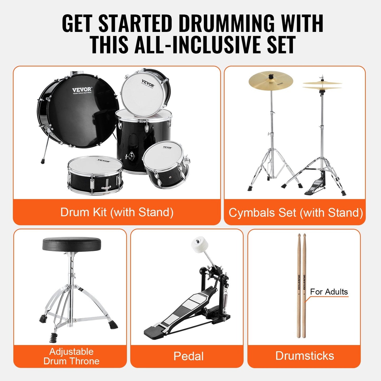 5-Piece Adult Drum Kit with Bass Toms, Snare, Cymbals & Adjustable Throne