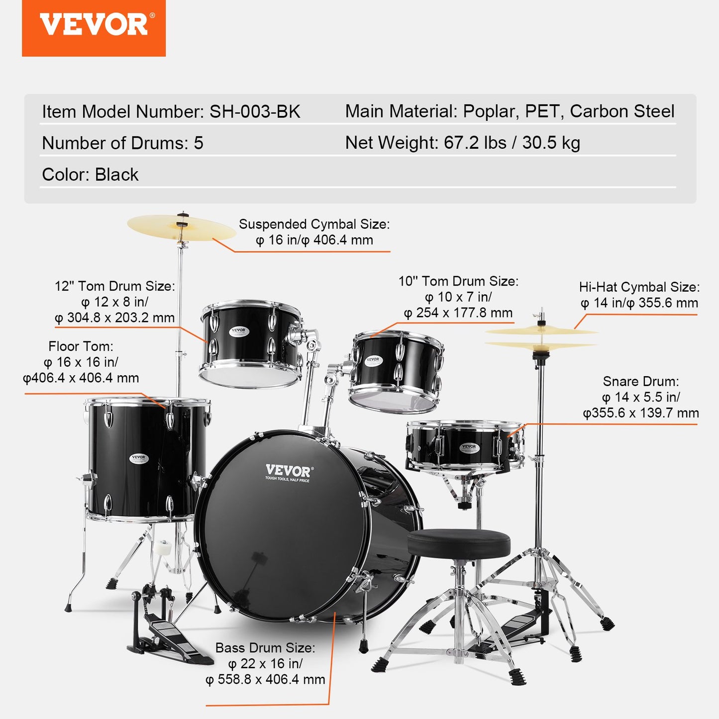 VEVOR Adult Drum Set, 5-Piece, 558.8 mm Complete Full Size Drum Kit with Bass Toms
