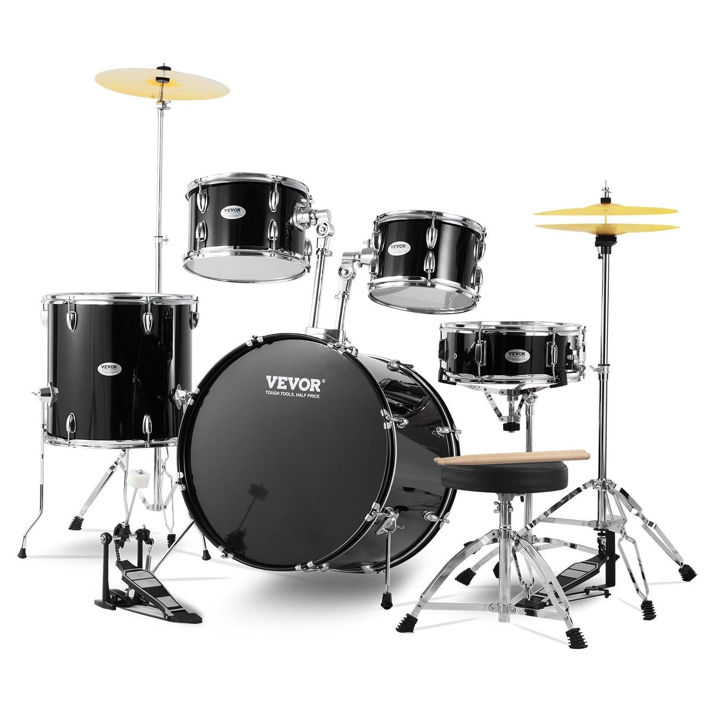 5-Piece Adult Drum Kit with Bass Toms, Snare, Cymbals & Adjustable Throne