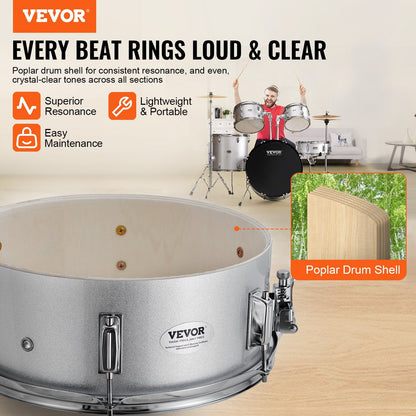 5-Piece Silver Adult Drum Kit, 0.56m Bass, Snare, and Cymbals, Beginner Friendly